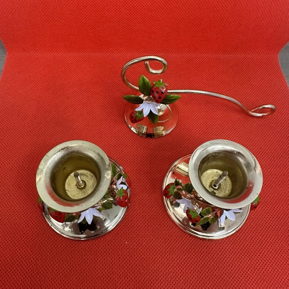 3 Piece Vintage George Good candle holders & snuffer Strawberry Enamel Gold Tone